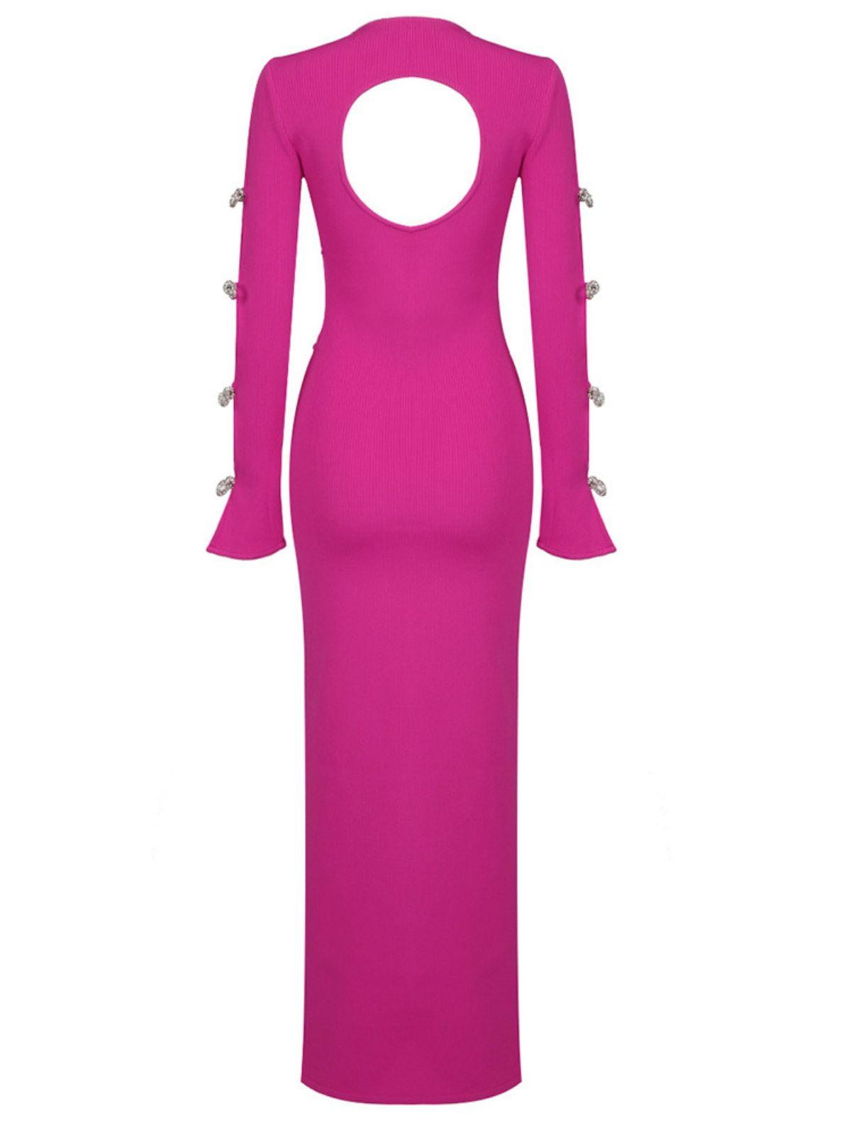 Ribbed Knit Crew Neck Rhinestone Bow Cut Out Sleeve Bodycon Maxi Dress - View 8