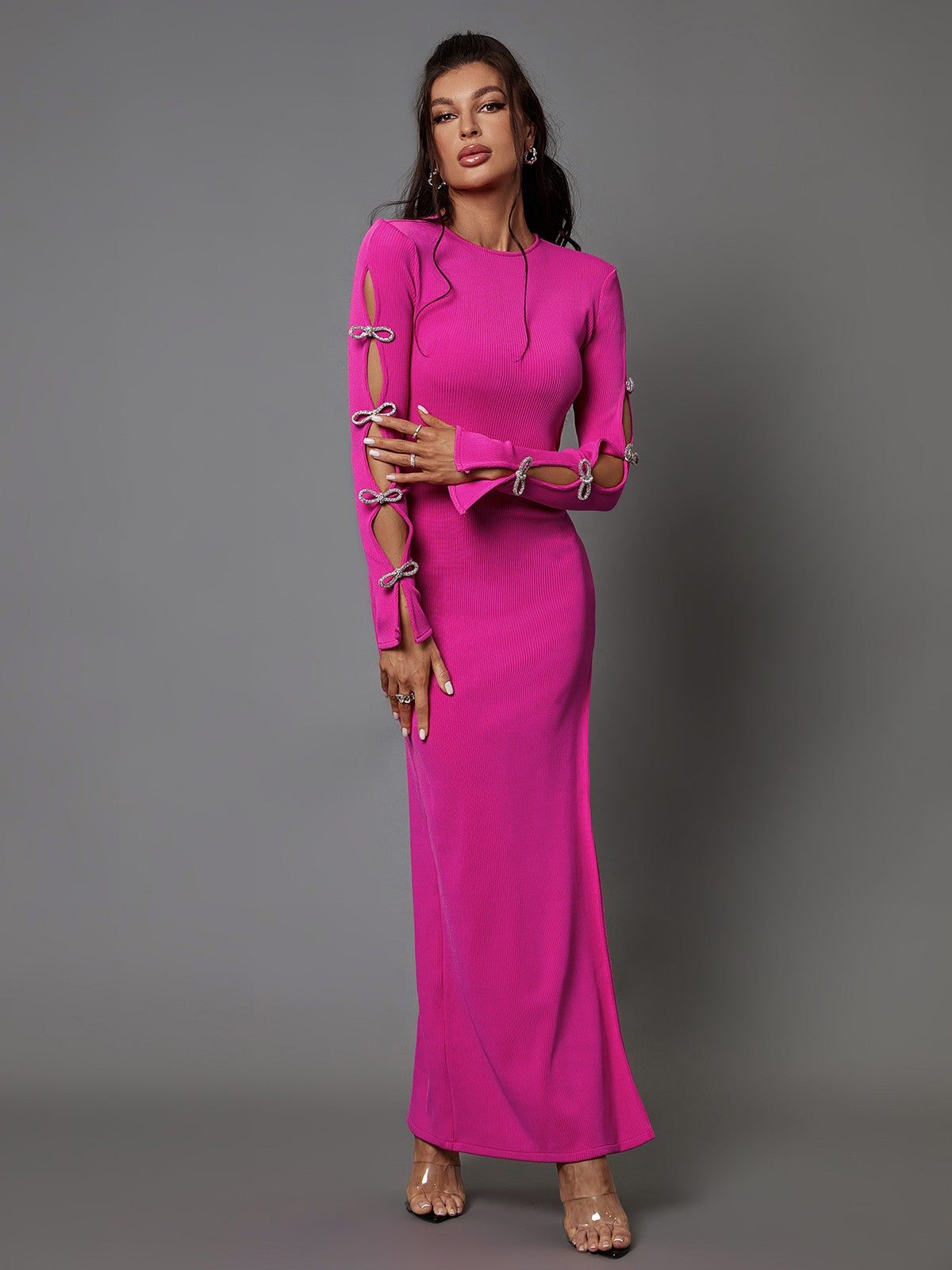Ribbed Knit Crew Neck Rhinestone Bow Cut Out Sleeve Bodycon Maxi Dress