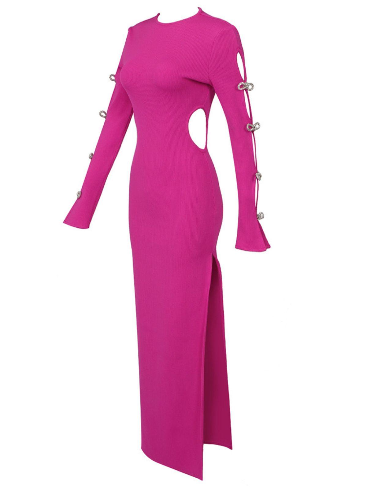 Ribbed Knit Crew Neck Rhinestone Bow Cut Out Sleeve Bodycon Maxi Dress - View 7