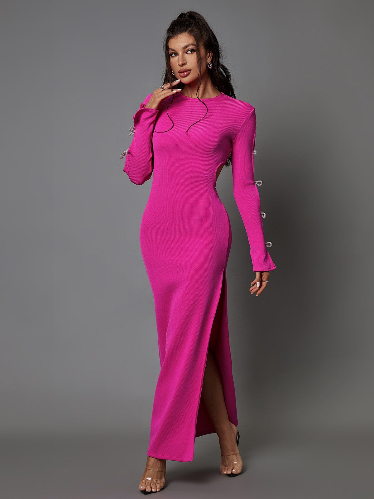 Ribbed Knit Crew Neck Rhinestone Bow Cut Out Sleeve Bodycon Maxi Dress - View 4