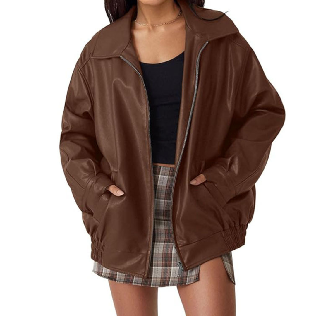 Oversized Spread Collar Zip Front Faux Leather Bomber Jacket 4
