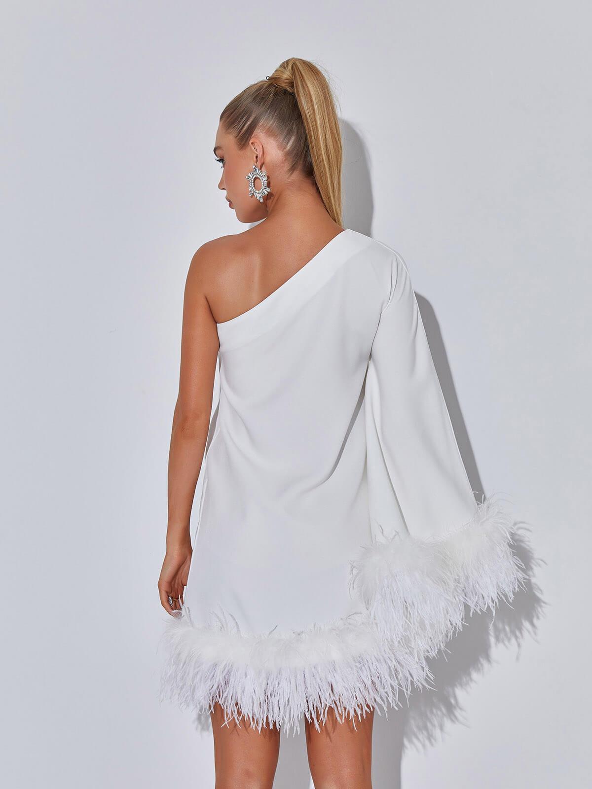 Ceridwen One Shoulder Feather Mini Dress In White - View 6