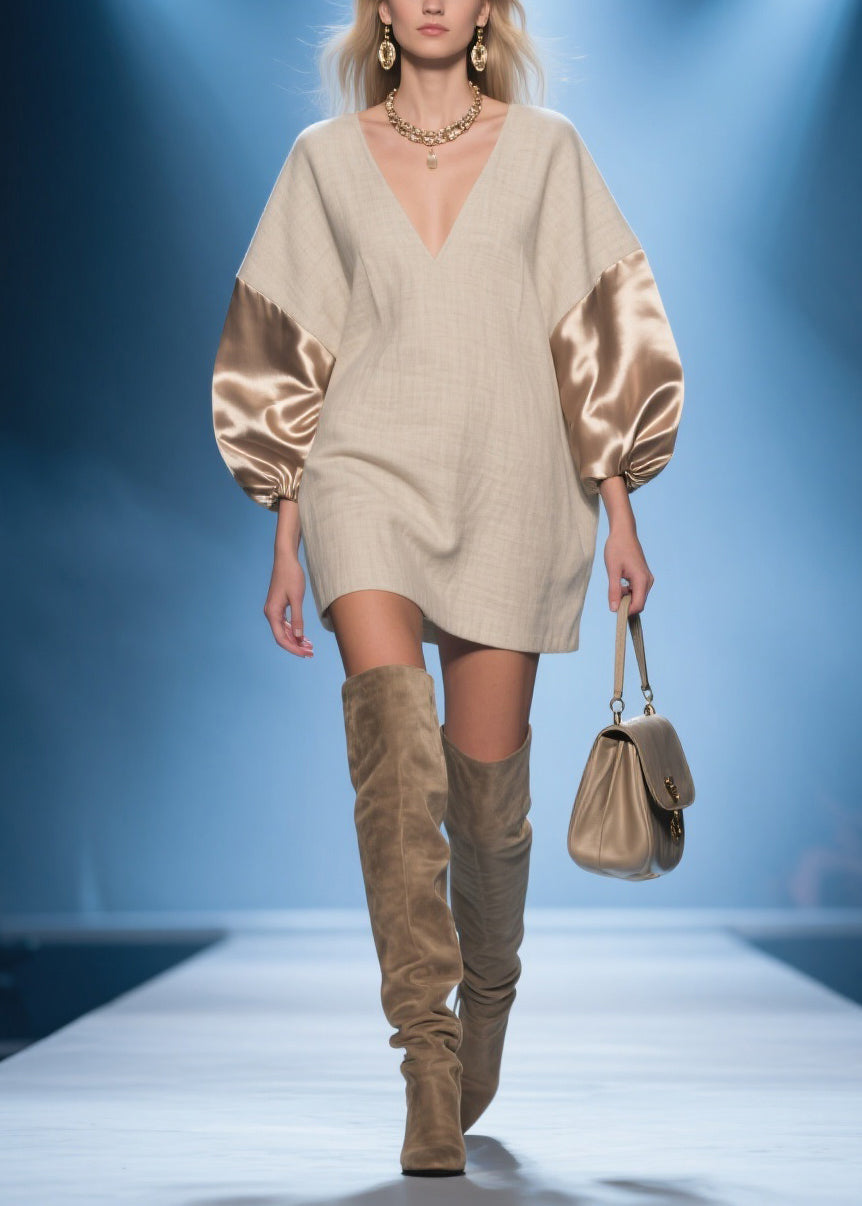 V-Neck Lantern Sleeve Satin Panel Oversized Woven Shift Mini Dress - View 3