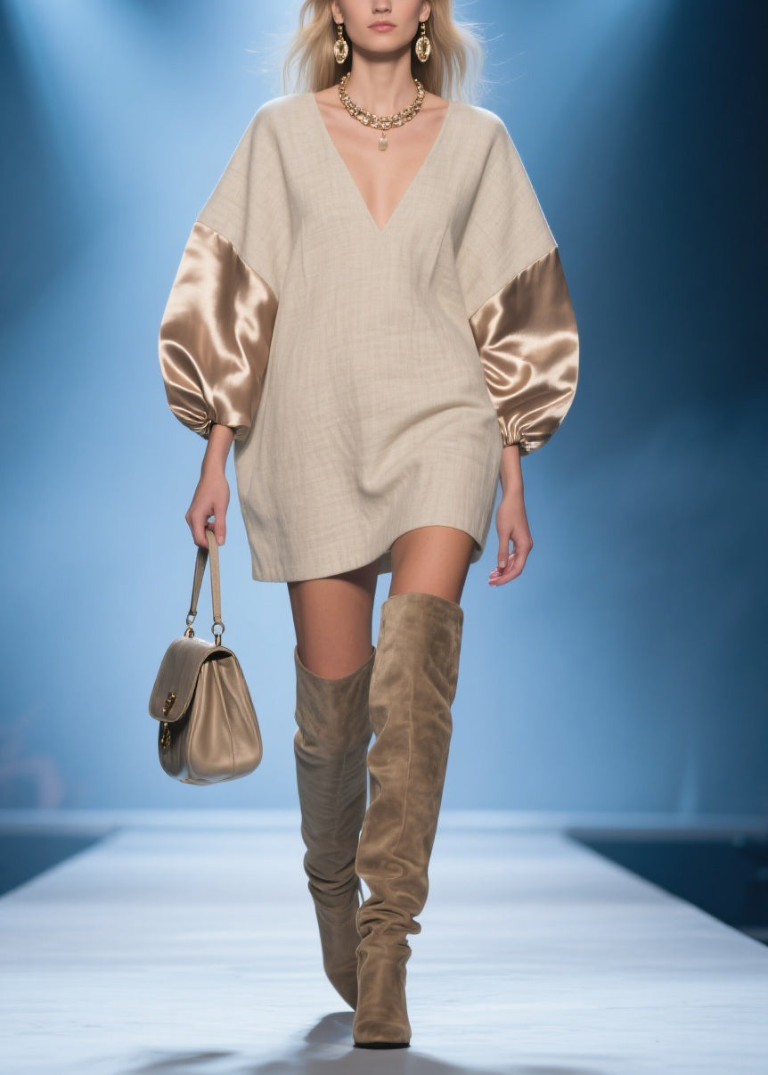 V-Neck Lantern Sleeve Satin Panel Oversized Woven Shift Mini Dress - View 5