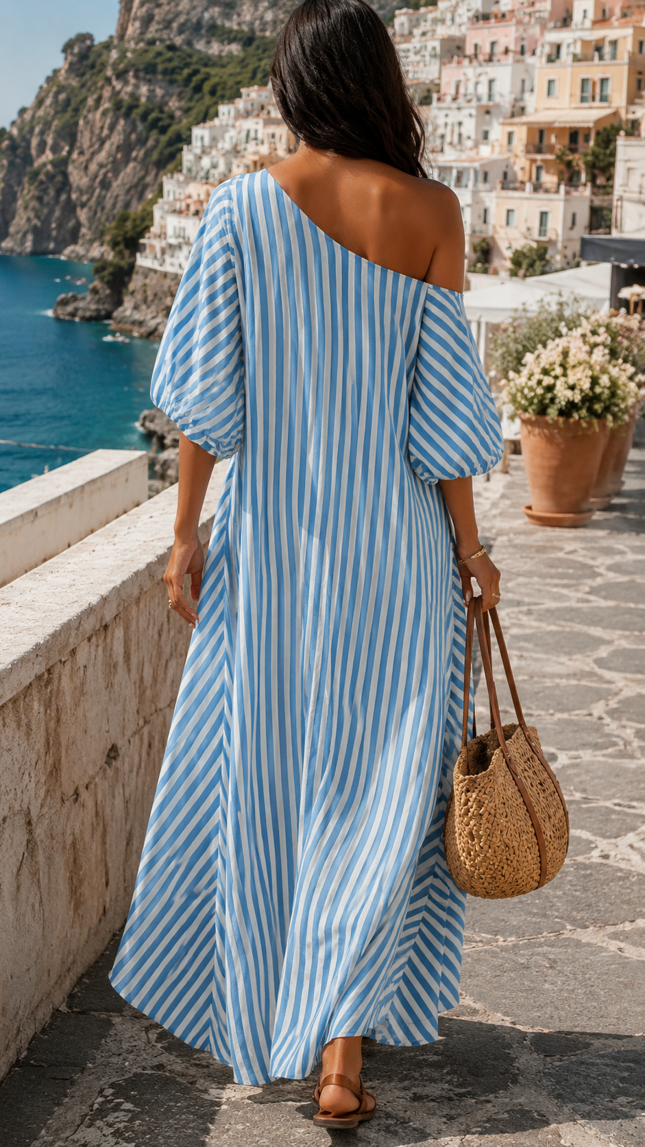 Striped One Shoulder Puff Sleeve Maxi Dress 2