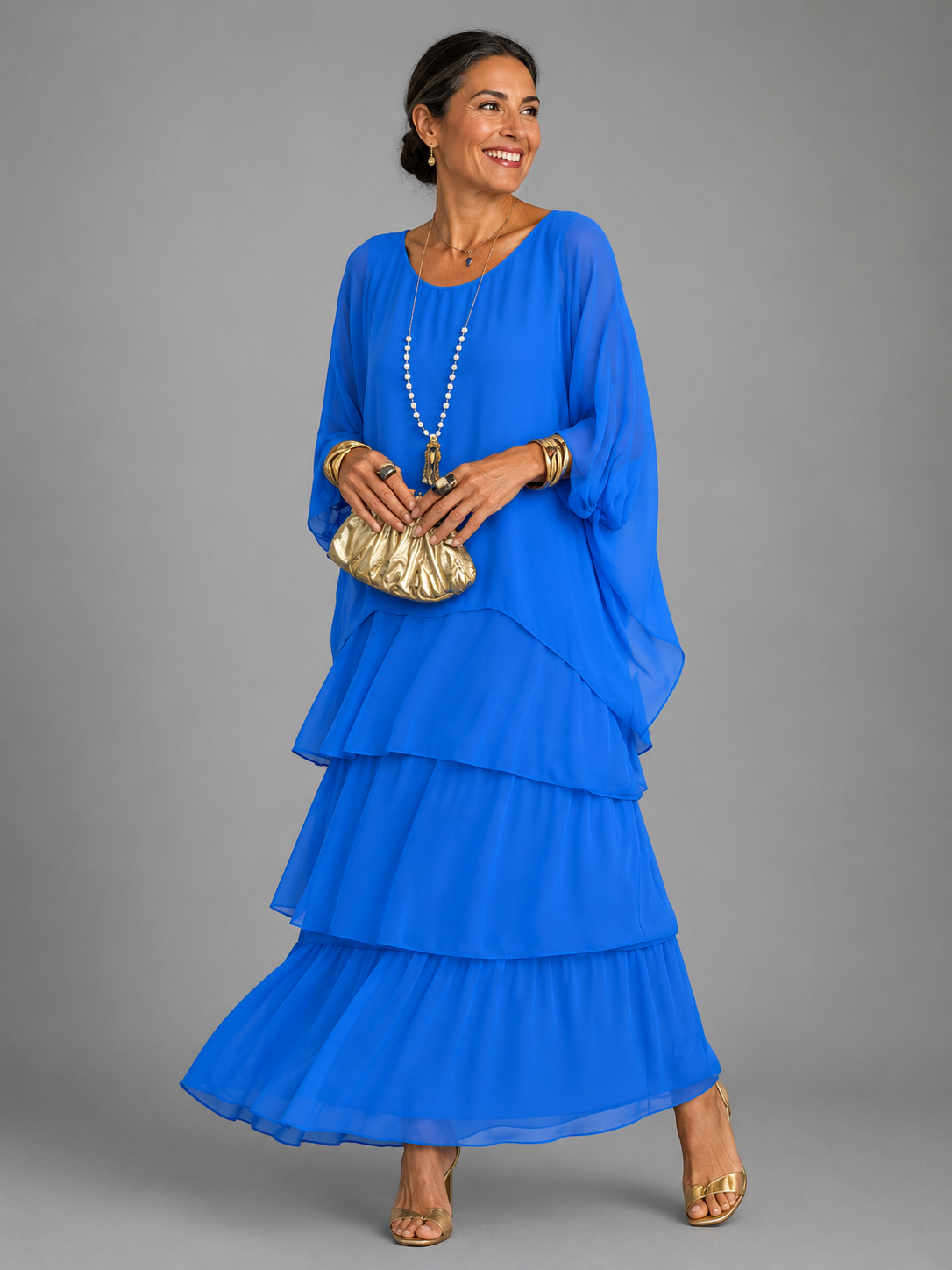 Chiffon Cape Overlay Top and Tiered Print Maxi Skirt Two Piece Set 6