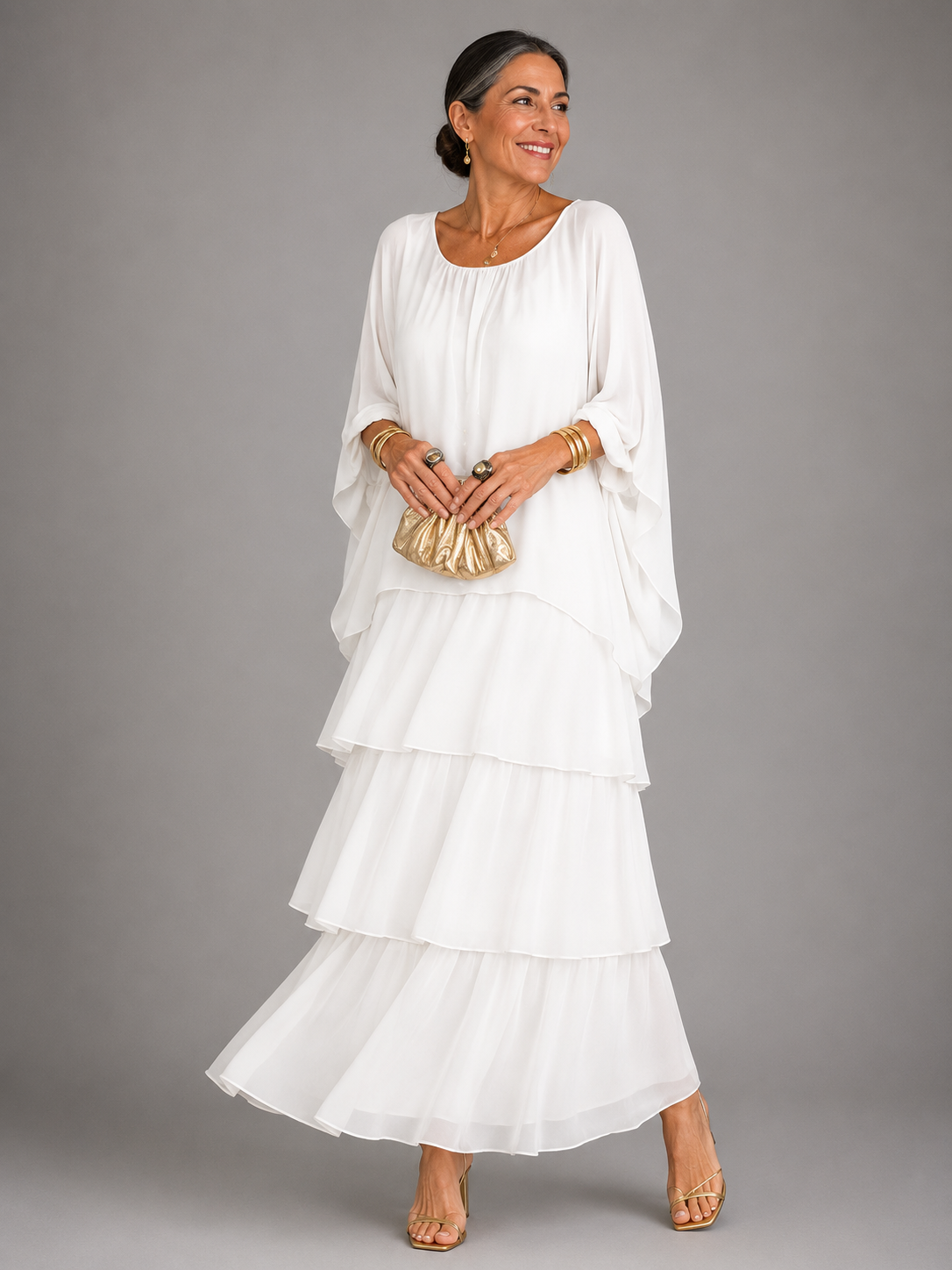 Chiffon Cape Overlay Top and Tiered Print Maxi Skirt Two Piece Set 7
