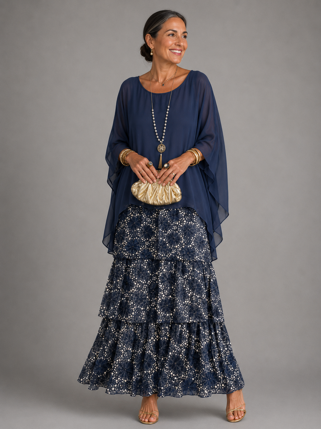 Chiffon Cape Overlay Top and Tiered Print Maxi Skirt Two Piece Set