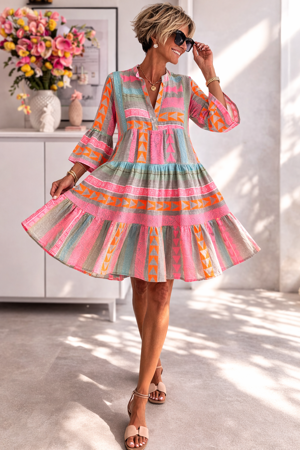 Geometric Print Split Neck Bell Sleeve Tiered Mini Dress Summer 2