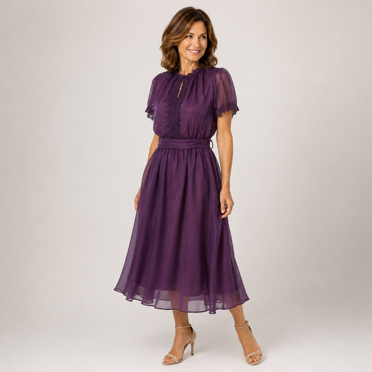 Organza Keyhole Lace Trim Short Sleeve A-Line Midi Dress 3