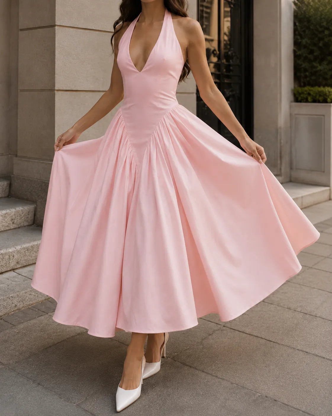 Halter Neck Deep V-Neck Fit and Flare Midi Dress Cocktail 6
