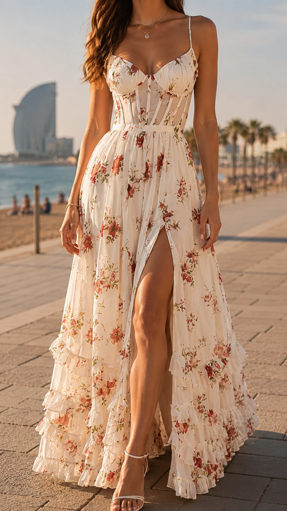 Floral Corset Bodice High Split Ruffle Hem Maxi Dress