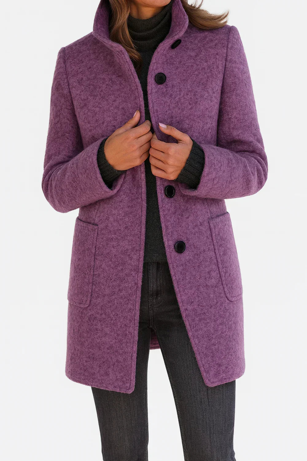 Stand Collar Button Front Wool Blend Coat 5