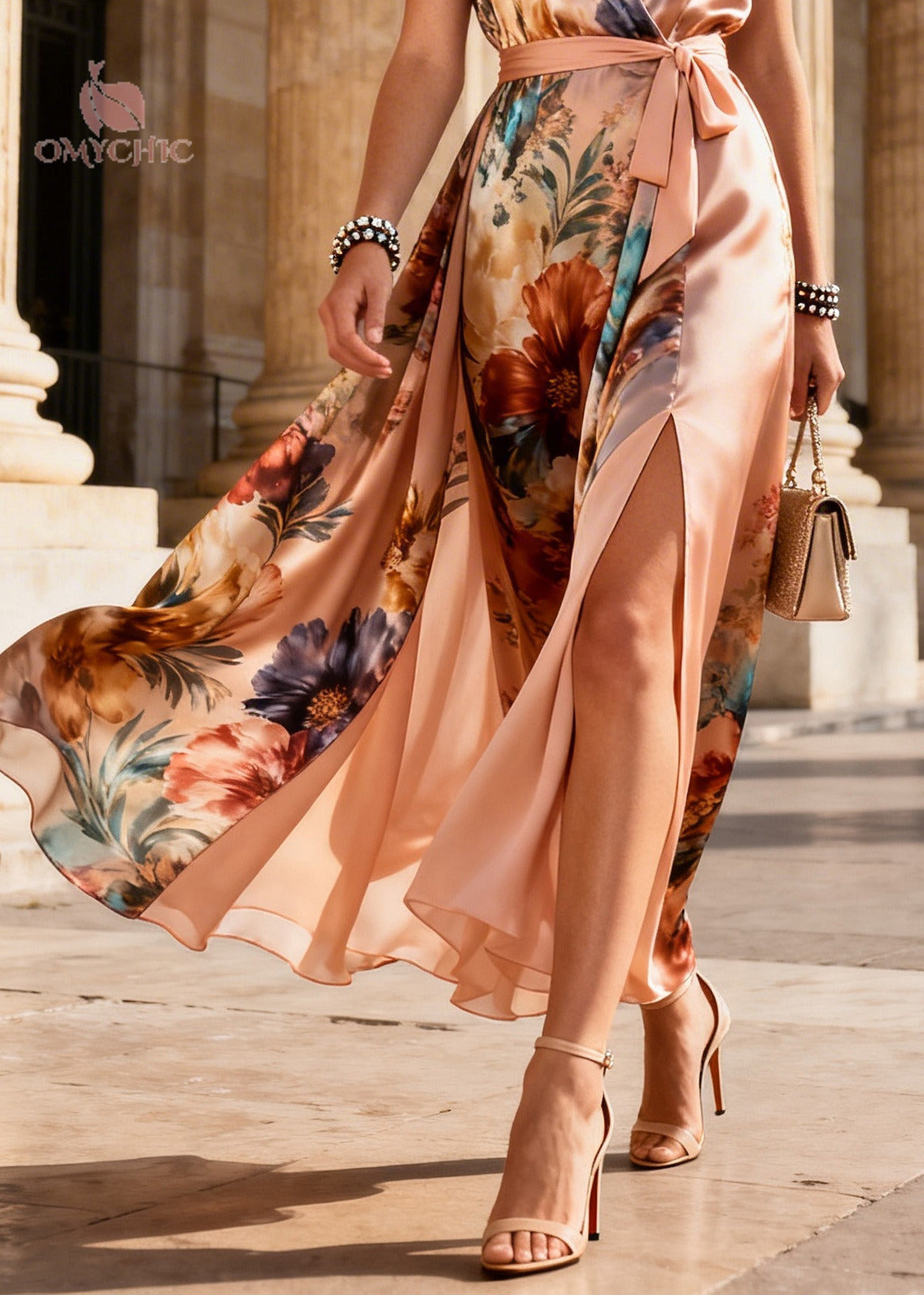 Satin Floral Wrap V-Neck Sleeveless High Split Maxi Dress - View 4
