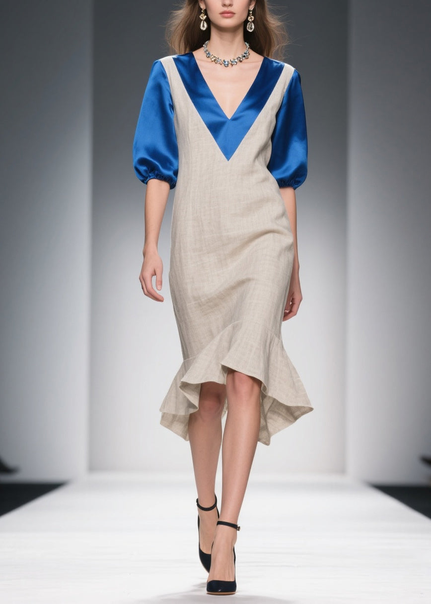 Deep V-Neck Elbow Puff Sleeve Satin Trim Woven Midi Dress - View 5