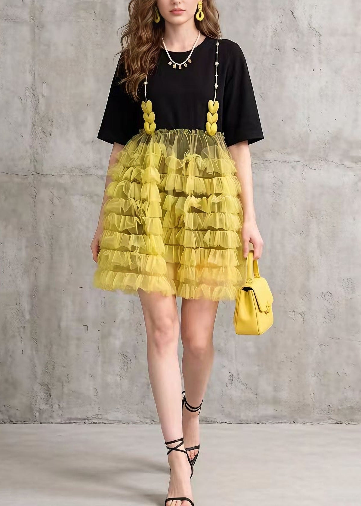 Chic Black Tulle Ruffled Patchwork Cotton Mid Dress Summer - View 5