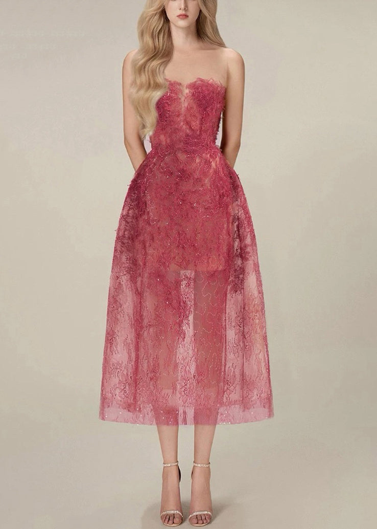 Strapless Lace Overlay Feather Trim Sheer Skirt A-Line Midi Dress - View 2