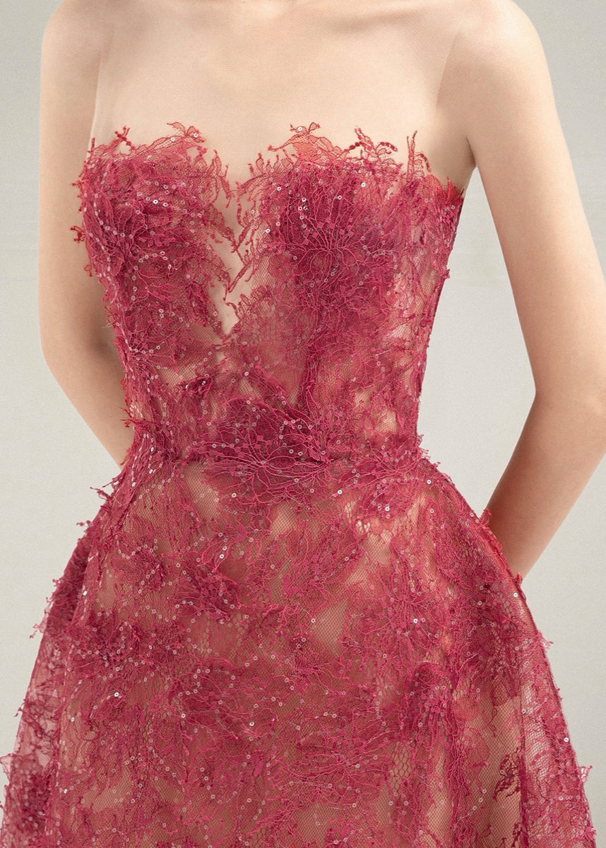 Strapless Lace Overlay Feather Trim Sheer Skirt A-Line Midi Dress - View 4