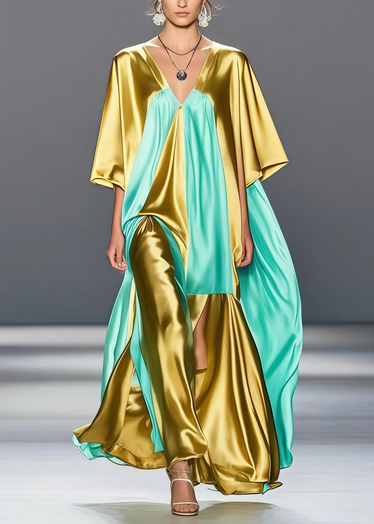 Deep V-Neck Kimono Sleeve Center Slit Draped Panel Maxi Gown - View 3