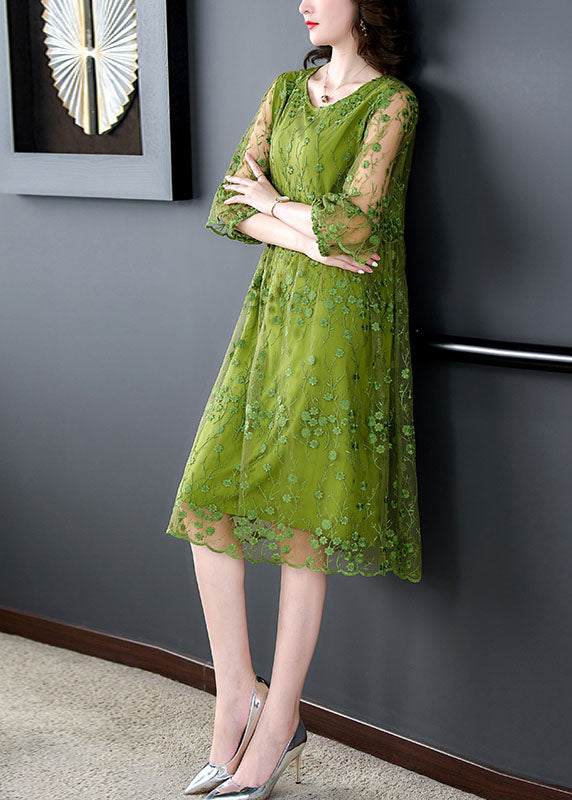 Floral Embroidered Mesh Overlay Round Neck A-Line Midi Dress - View 4