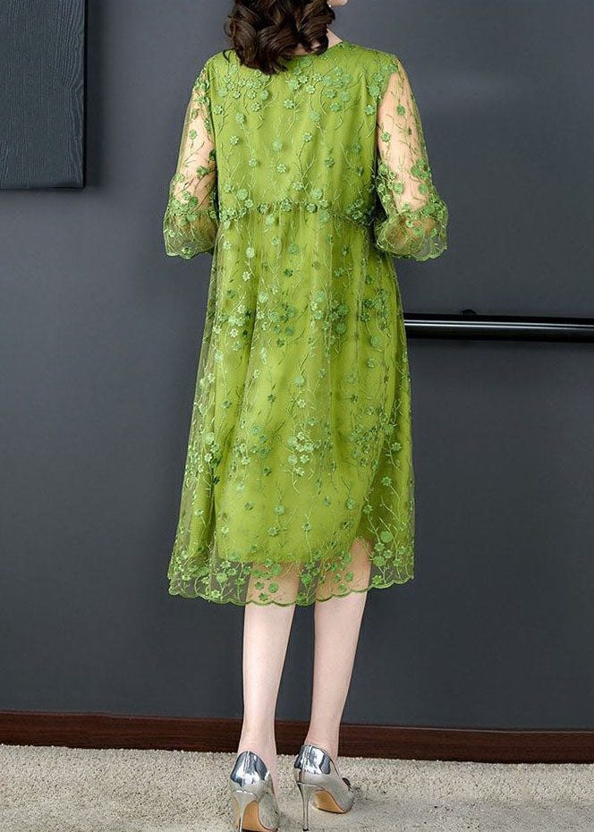 Floral Embroidered Mesh Overlay Round Neck A-Line Midi Dress - View 5