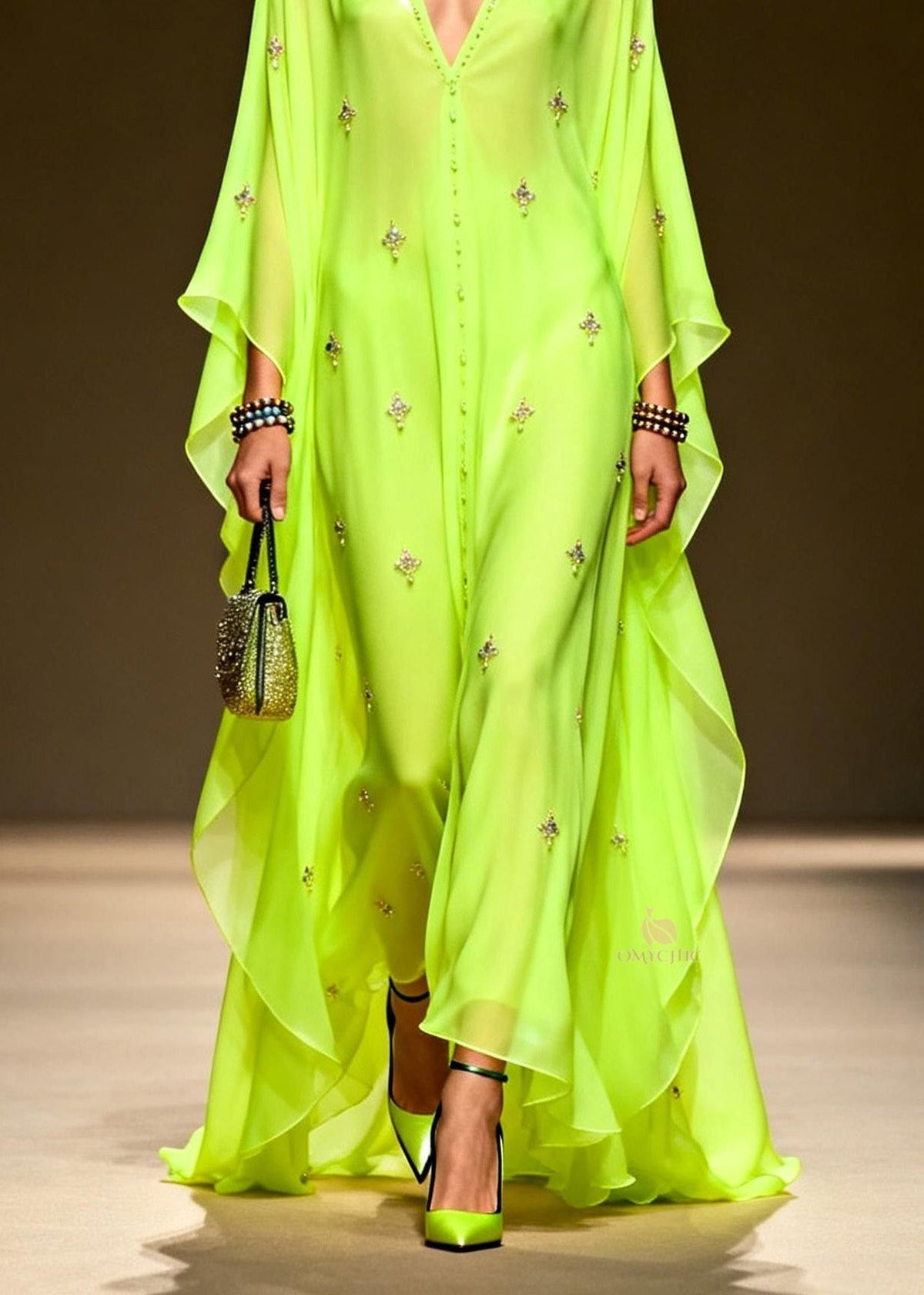 Chic Green V Neck Zircon Chiffon Maxi Dress Spring - View 4