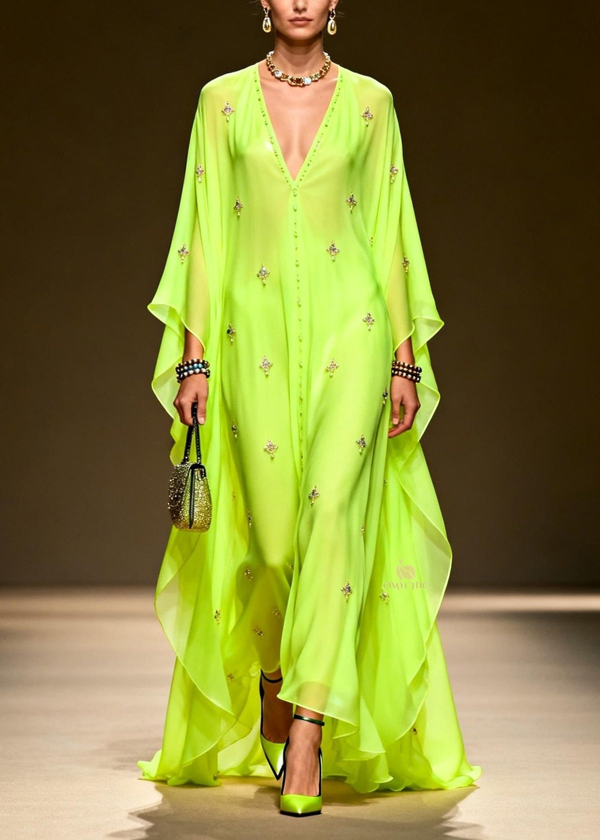Chic Green V Neck Zircon Chiffon Maxi Dress Spring - View 5