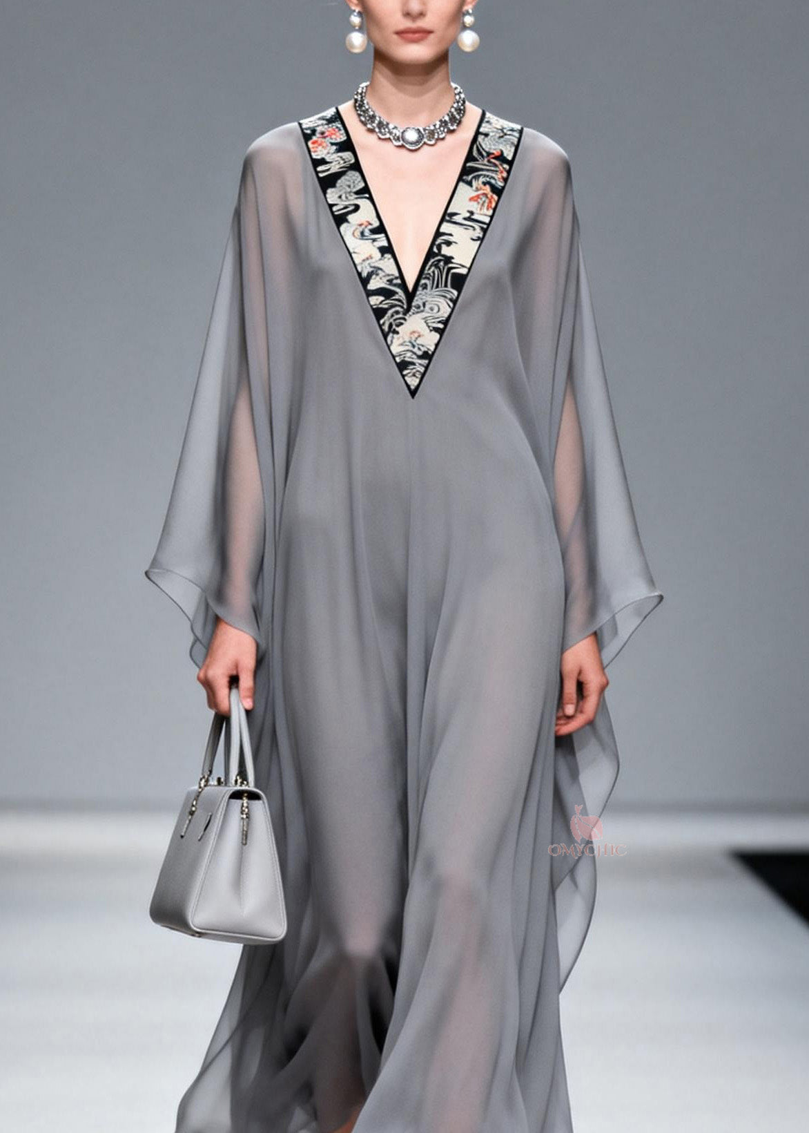 Oriental Embroidered Crane Deep V-Neck Sleeve Sheer Maxi Gown - View 2