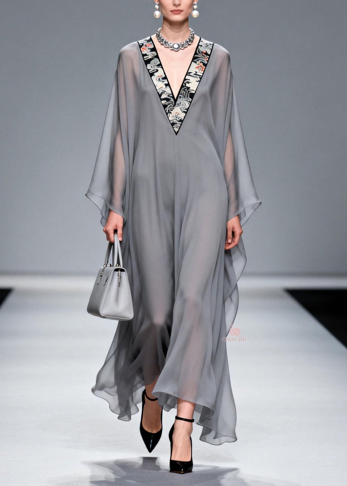 Oriental Embroidered Crane Deep V-Neck Sleeve Sheer Maxi Gown - View 5