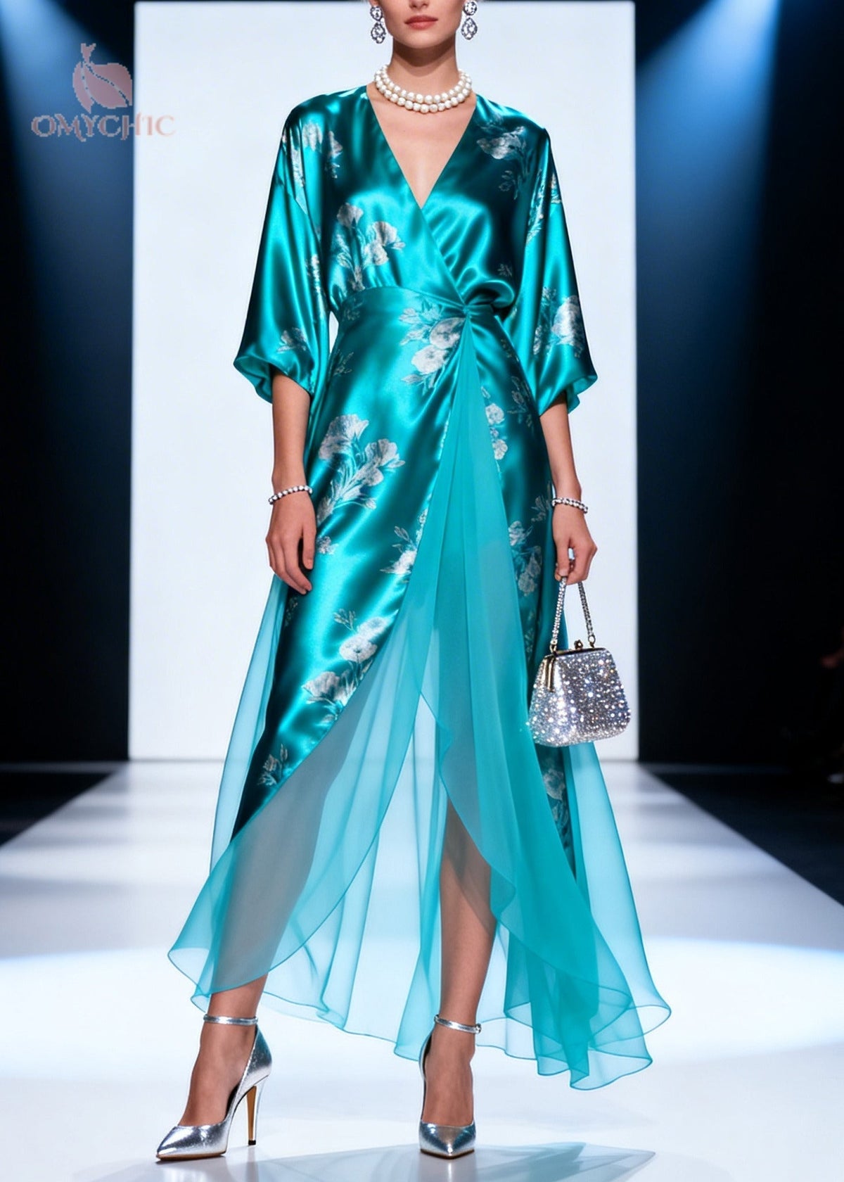 Satin Floral Print Wrap Deep V-Neck Bell Sleeve Chiffon Maxi Gown - View 5