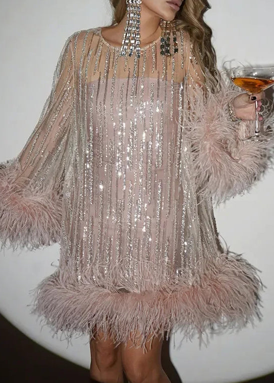 Sequin Mesh Overlay Feather Trim Mock Neck Mini Party Dress - View 2