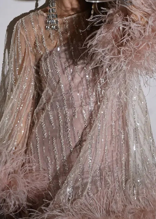 Sequin Mesh Overlay Feather Trim Mock Neck Mini Party Dress - View 4
