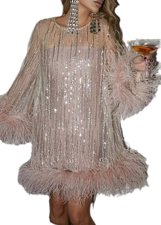 Sequin Mesh Overlay Feather Trim Mock Neck Mini Party Dress - View 5