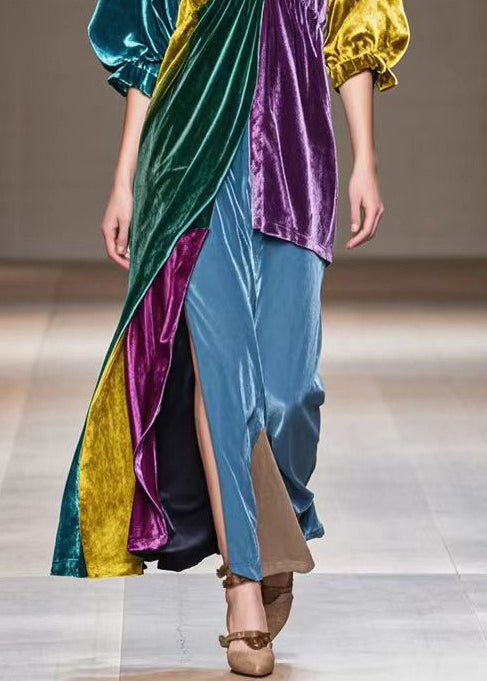 Velvet Patchwork Deep V-Neck Puff Sleeve High Split Maxi Gown - View 4