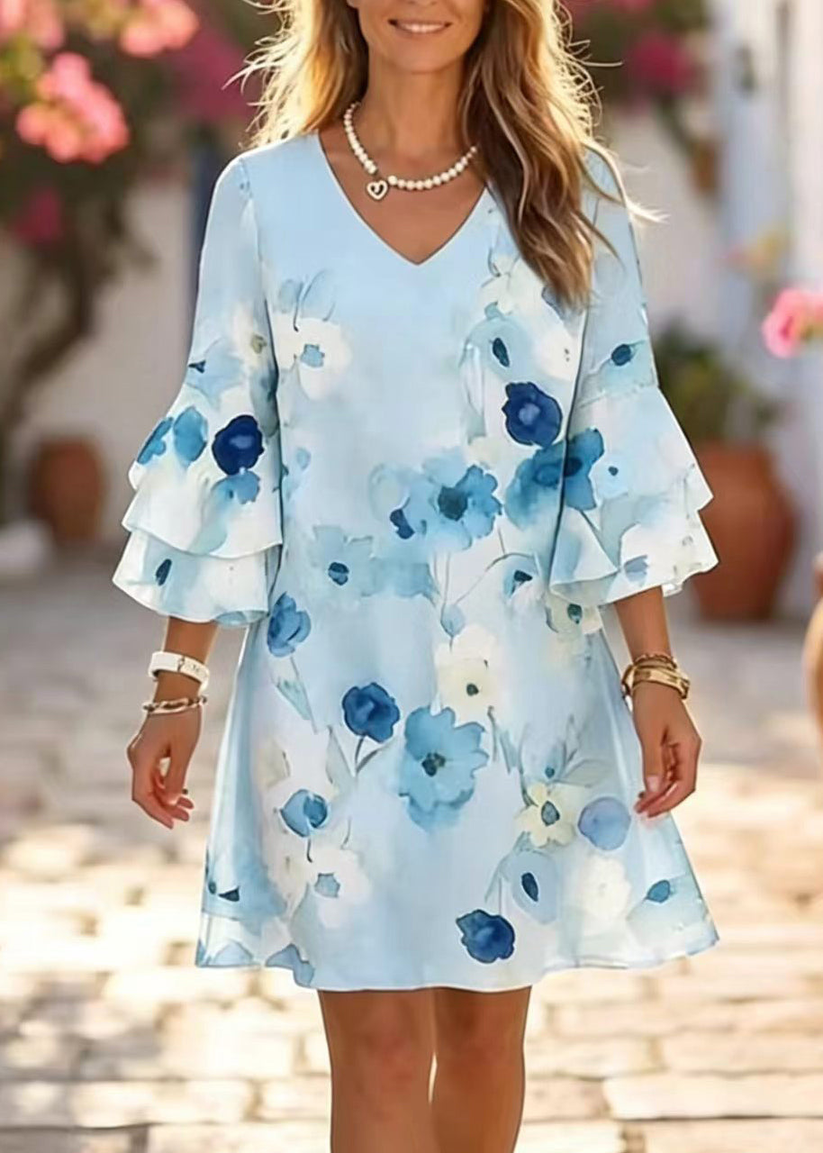Chic Pink V Neck Print Chiffon Mini Dress Summer - View 4