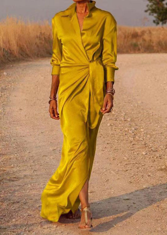 Satin Peter Pan Collar Deep V-Neck Long Sleeve Tie Waist High Split Maxi Dress - View 3