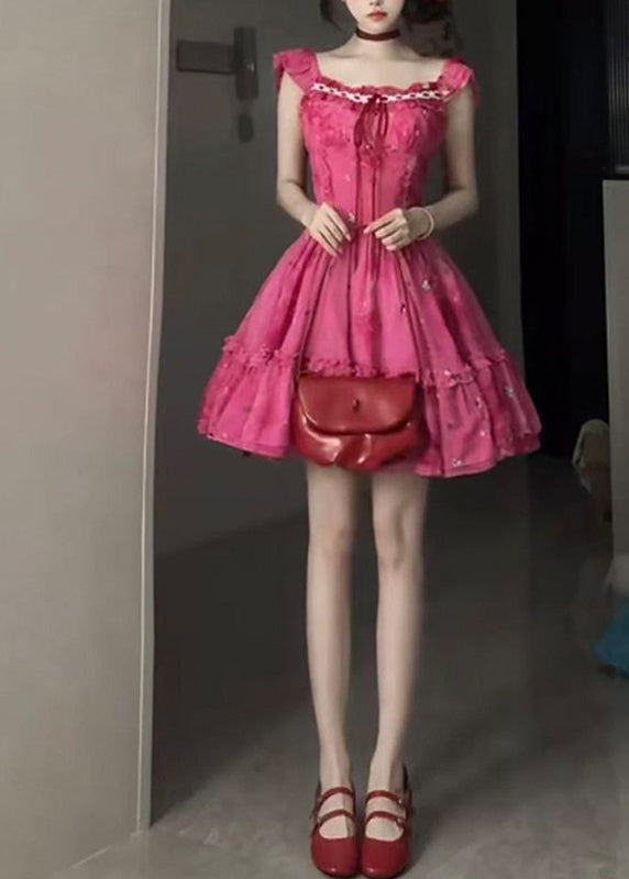 Chic Red Ruffled Patchwork Tie Lace Mid Dress Short Sleeve - View 2