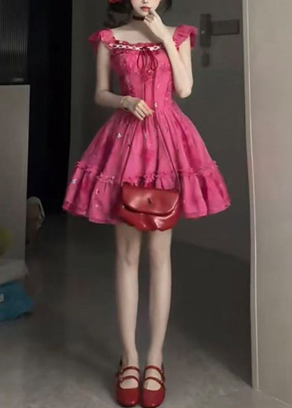 Chic Red Ruffled Patchwork Tie Lace Mid Dress Short Sleeve - View 3