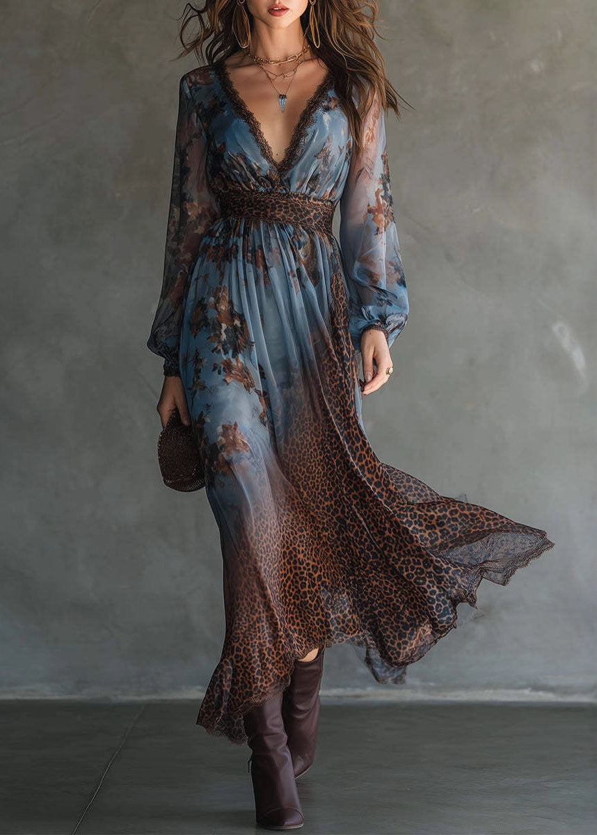 Chiffon Lace Trim V-Neck Bishop Sleeve Leopard Panel Floral Maxi Dress