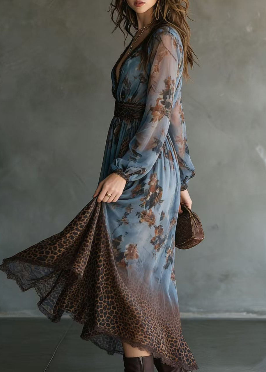 Chiffon Lace Trim V-Neck Bishop Sleeve Leopard Panel Floral Maxi Dress - View 4