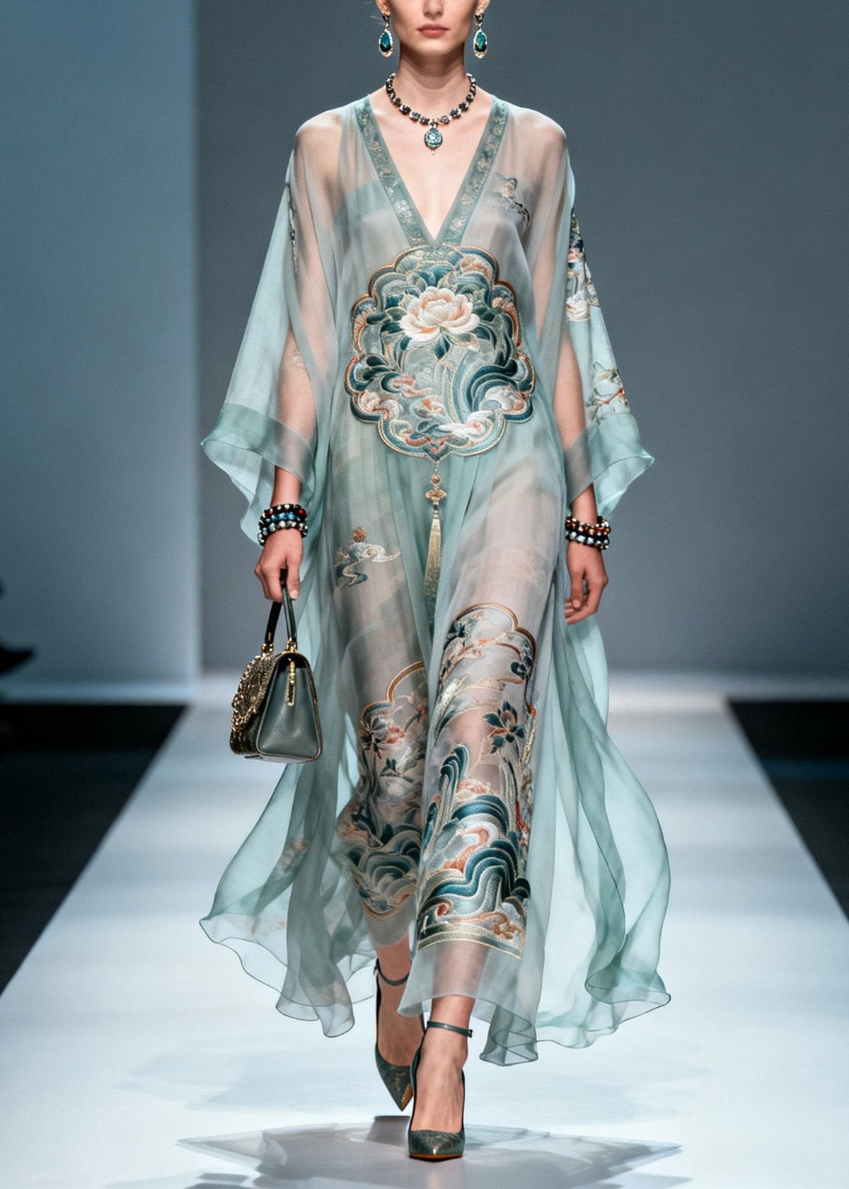 Lotus Embroidery Deep V-Neck Cape Sleeve Sheer Kaftan Maxi Gown