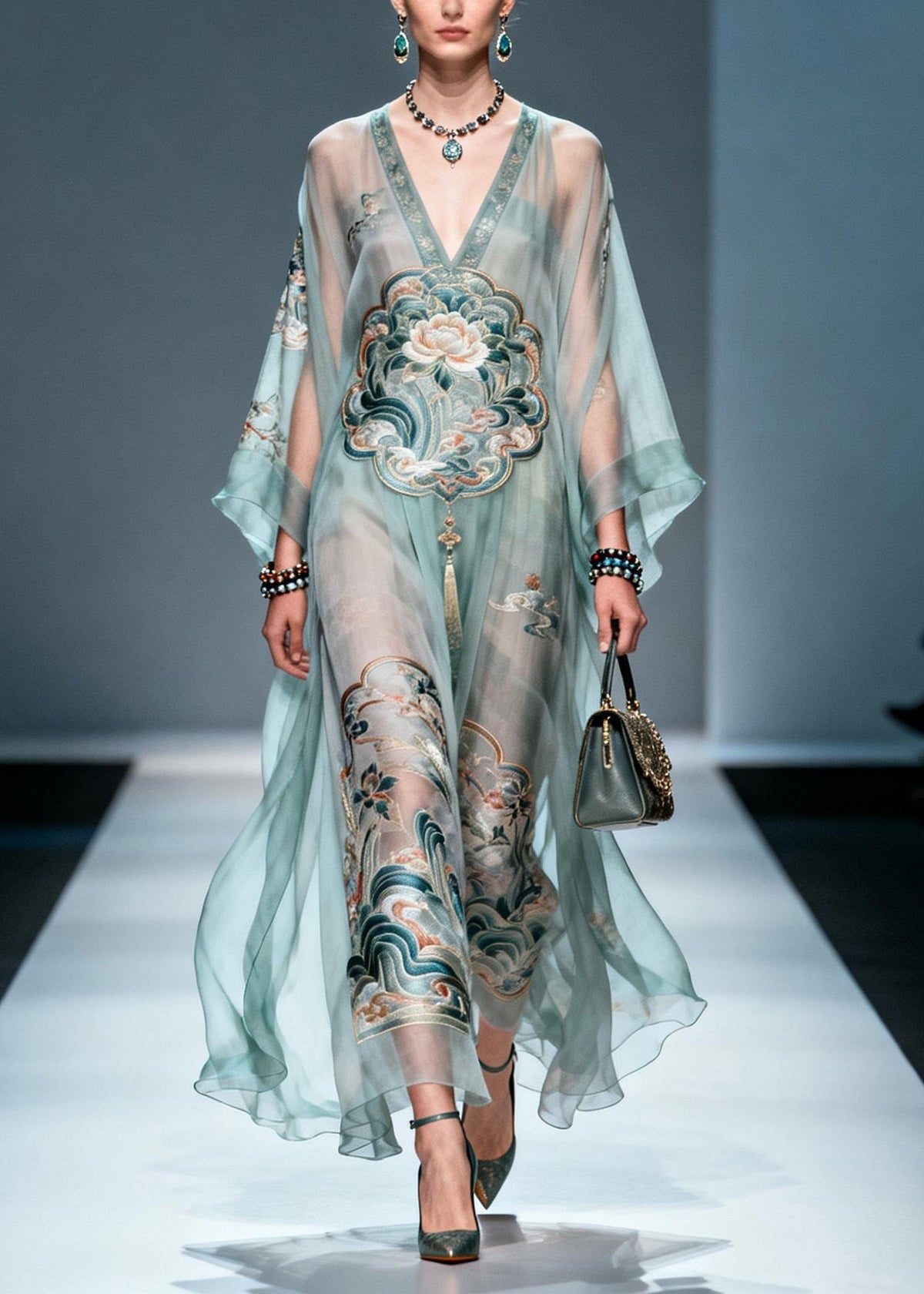 Lotus Embroidery Deep V-Neck Cape Sleeve Sheer Kaftan Maxi Gown - View 3