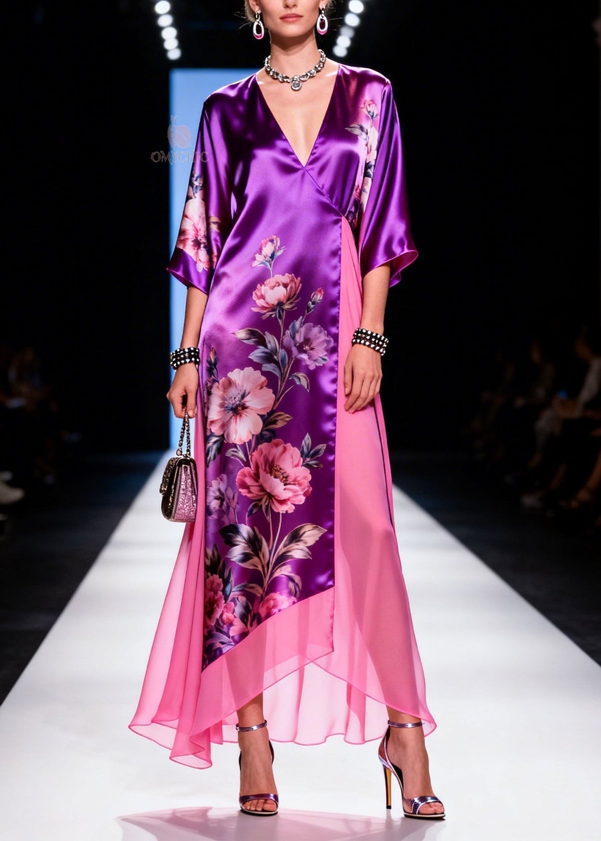 Satin Floral Print Wrap Deep V-Neck Sleeve Sheer Panel Maxi Gown