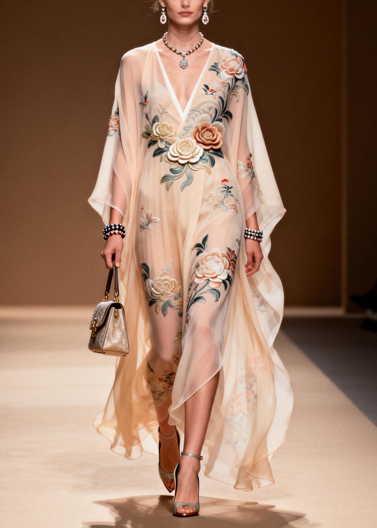 Chic V Neck Print Wrinkled Chiffon Maxi Dresses Spring