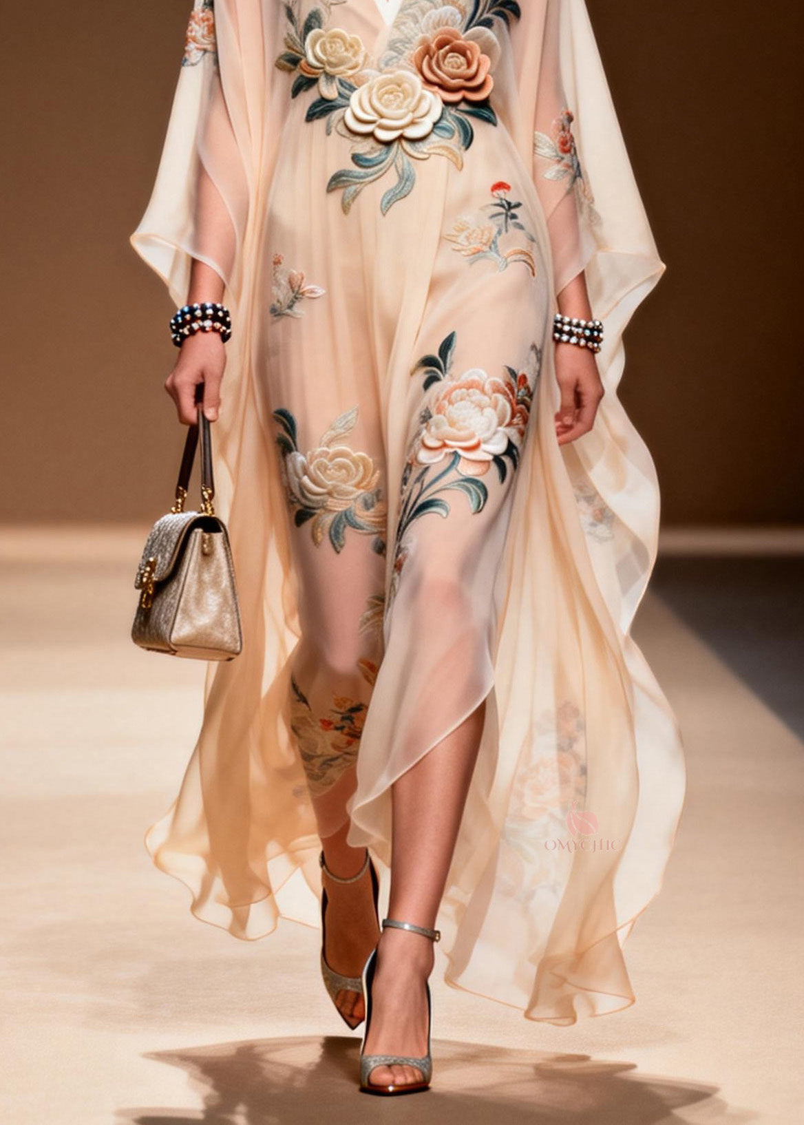 Chic V Neck Print Wrinkled Chiffon Maxi Dresses Spring - View 4