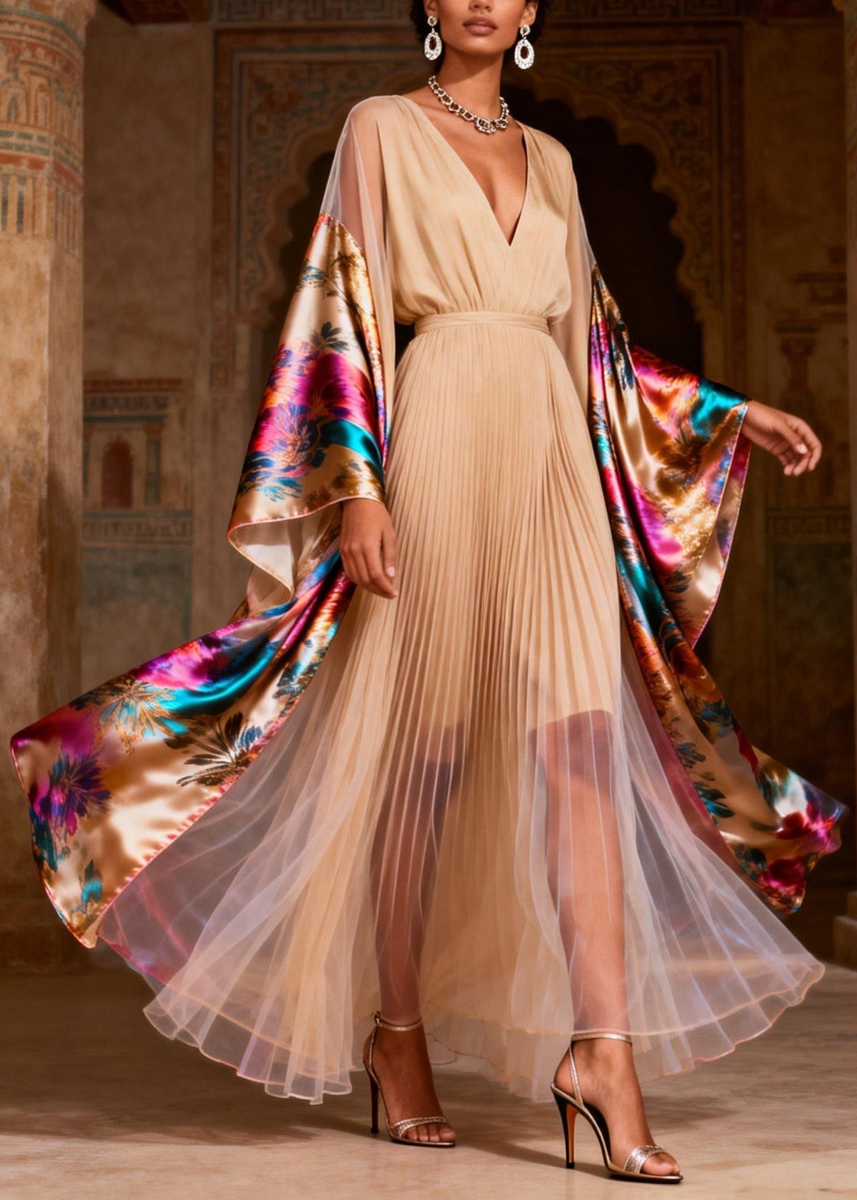 Floral Print Pleated Deep V-Neck Kimono Sleeve Tulle Hem Maxi Gown - View 3