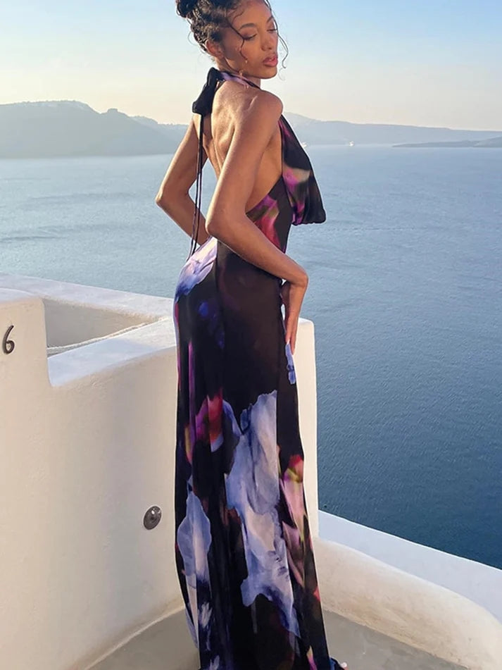 Floral Halter Deep V-Neck Backless Satin Maxi Dress - View 3