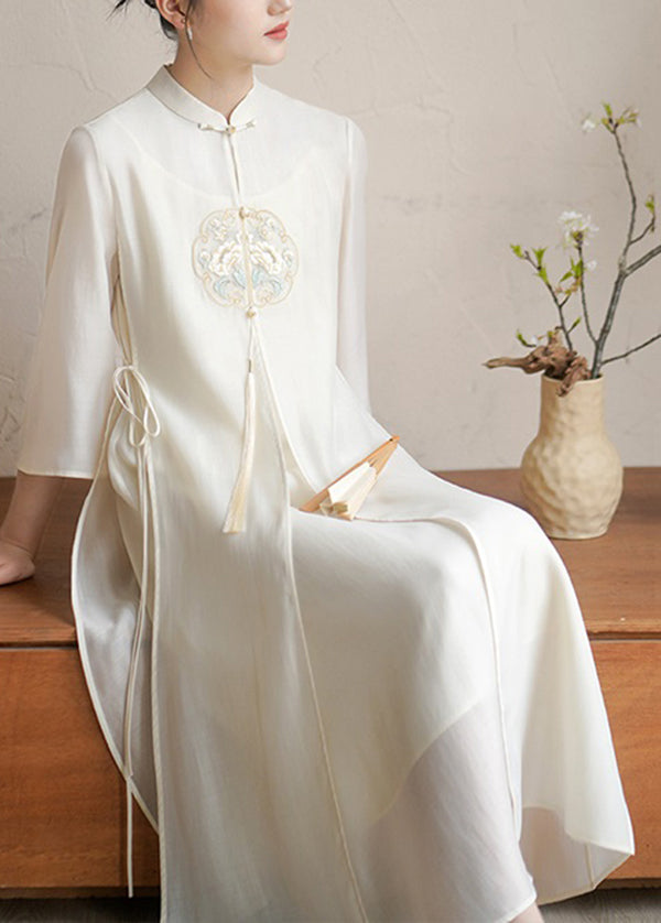 Mandarin Collar Frog Button Embroidered Tassel Side Maxi Dress