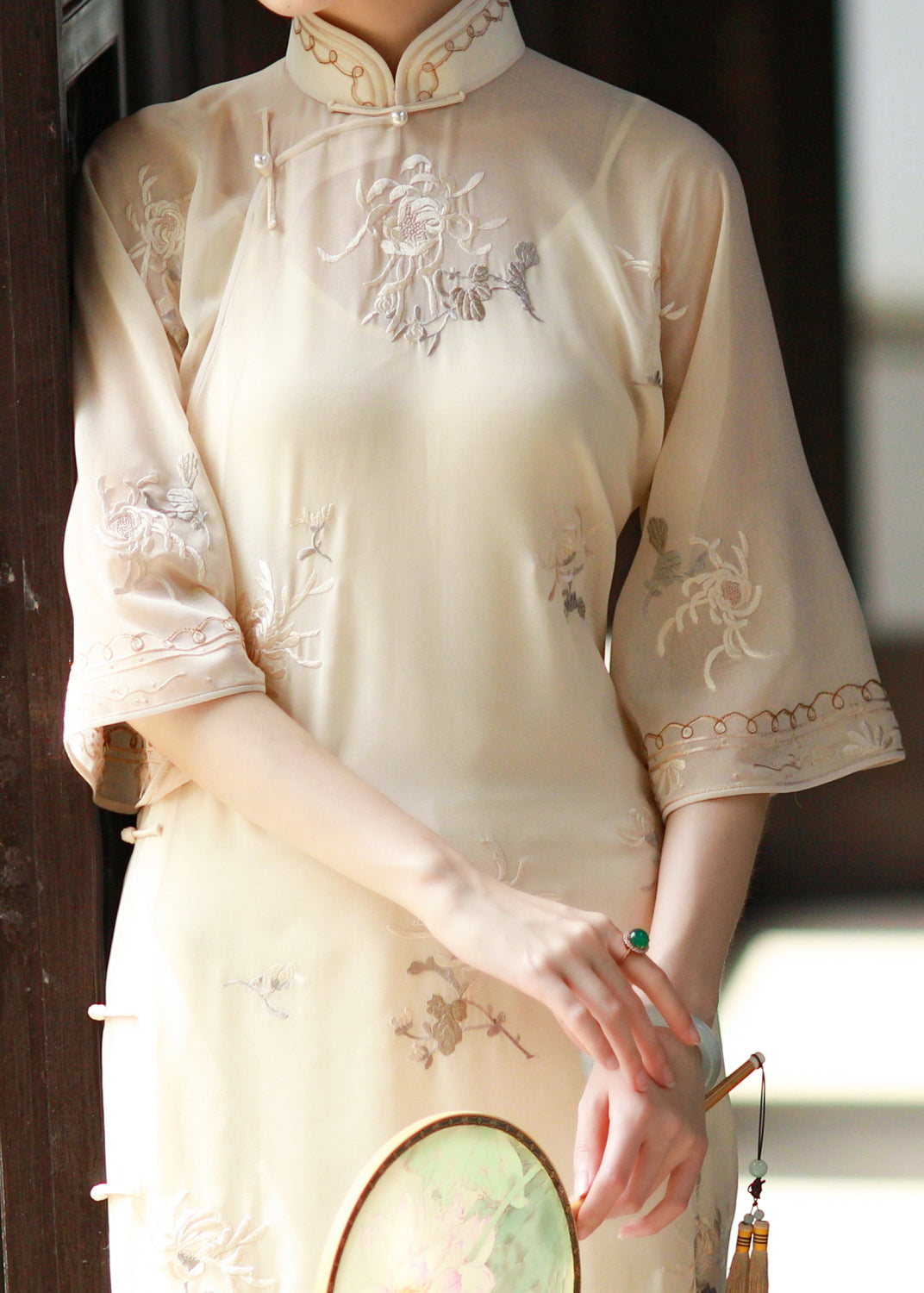 Embroidered Floral Mandarin Collar Bell Sleeve Sheer Midi Dress