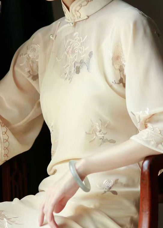 Embroidered Floral Mandarin Collar Bell Sleeve Sheer Midi Dress - View 3